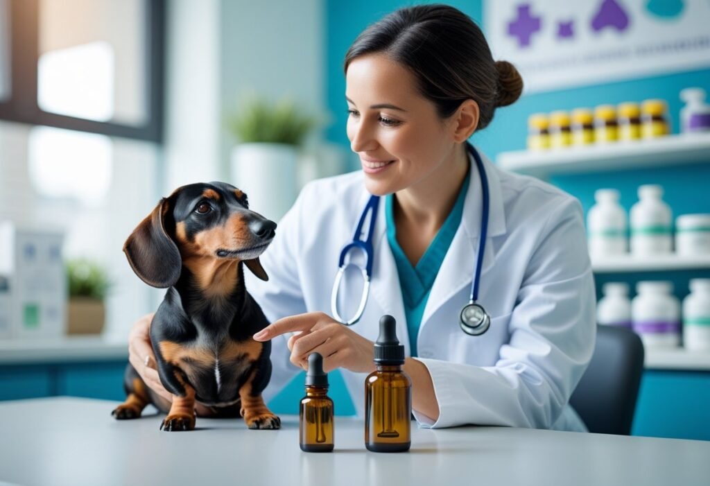Veterinarian discussing CBD options with Dachshund owner while a CBD bottle sits on the table.