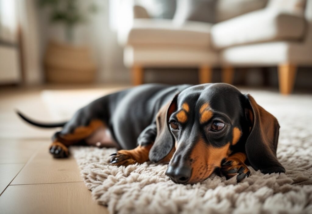 Dachshund lying quietly with visible stomach discomfort at home