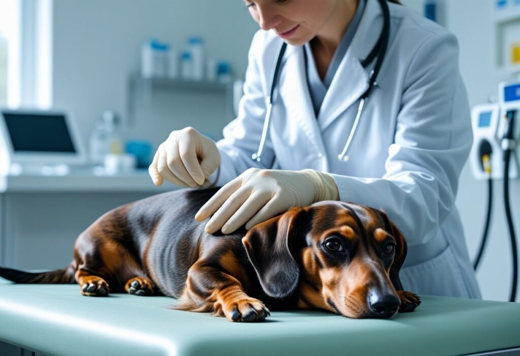Veterinarian examining Dachshund’s abdomen on exam table