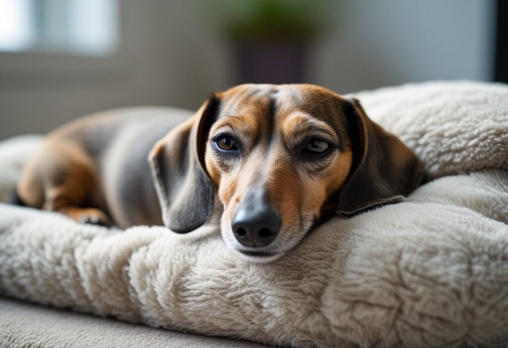 Senior Dachshund resting calmly after meal with relaxed posture