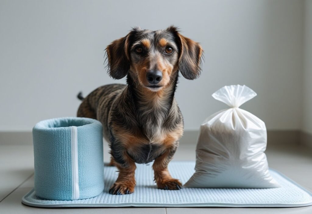 Wire-haired Dachshund near potty pad with single firm stool bag