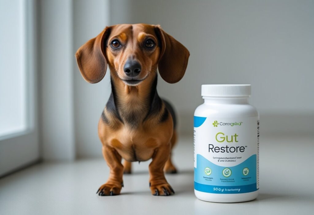 Single supplement bottle shown on counter near Dachshund to avoid mixing products