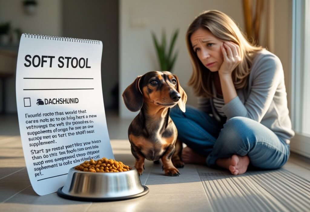 Concerned Dachshund owner looking at food bowl and vet note sheet about soft stool