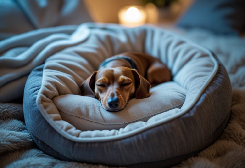 Dachshund sleeping peacefully in bed with no nighttime stomach upset