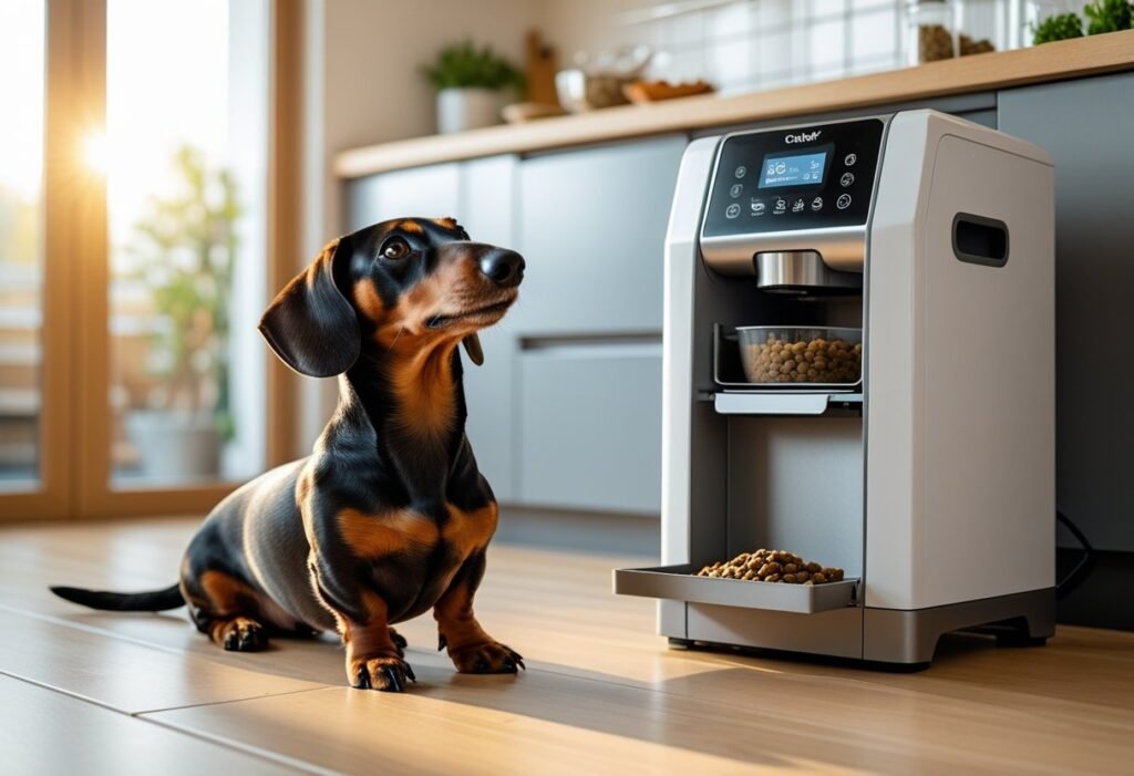 Dachshund watching a ChefPaw Dog Food Maker running on a kitchen counter