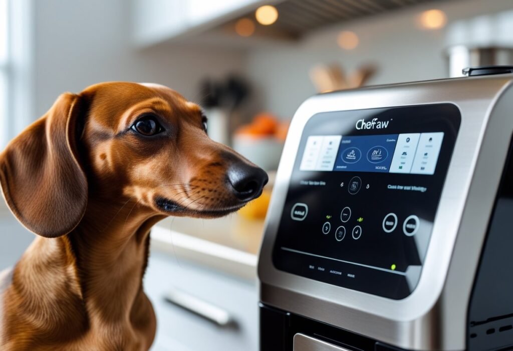Close-up of a Dachshund looking at the ChefPaw control panel during cooking