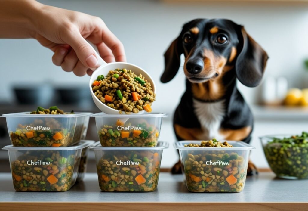 Dachshund watching as homemade dog food from ChefPaw is portioned into containers