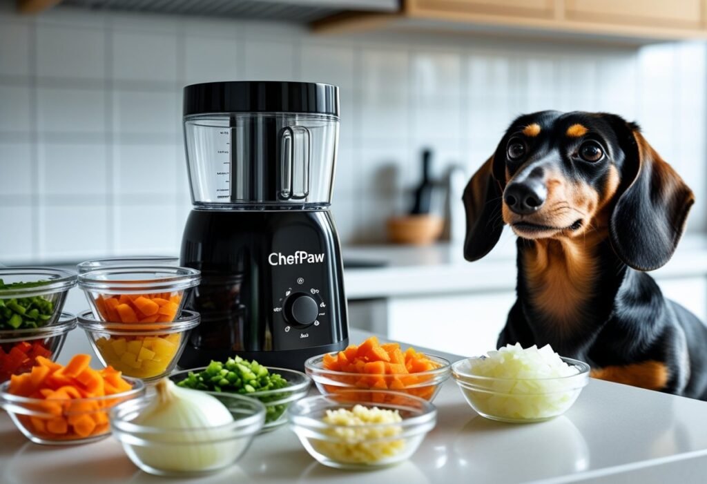 ChefPaw with pre-measured vegetables beside it and a Dachshund looking up