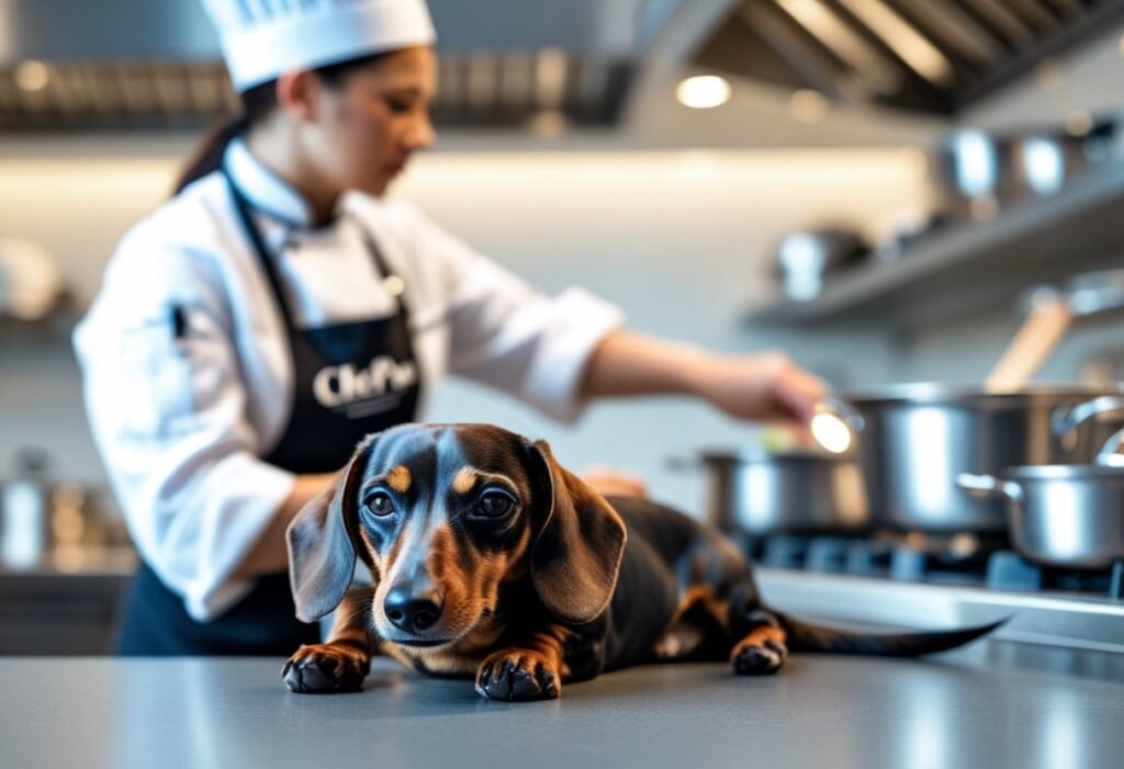 Dachshund resting calmly while ChefPaw operates in the background