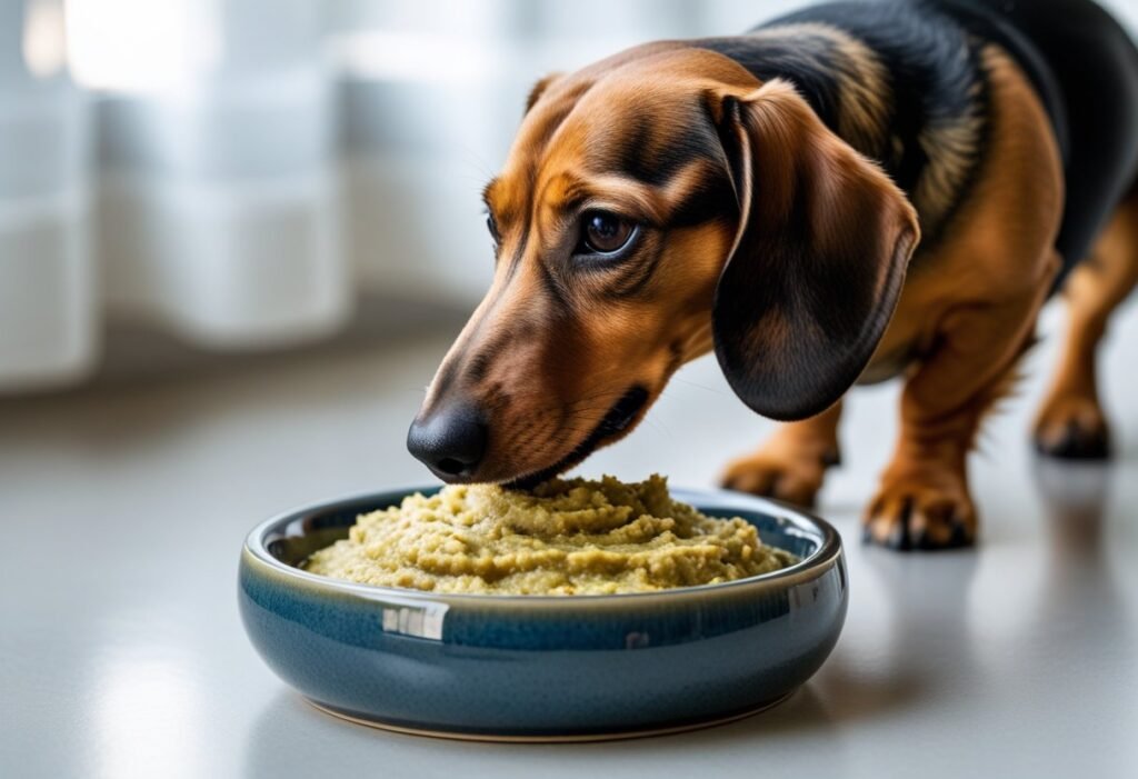Dachshund watching a plant-based meal from ChefPaw being placed into a shallow bowl