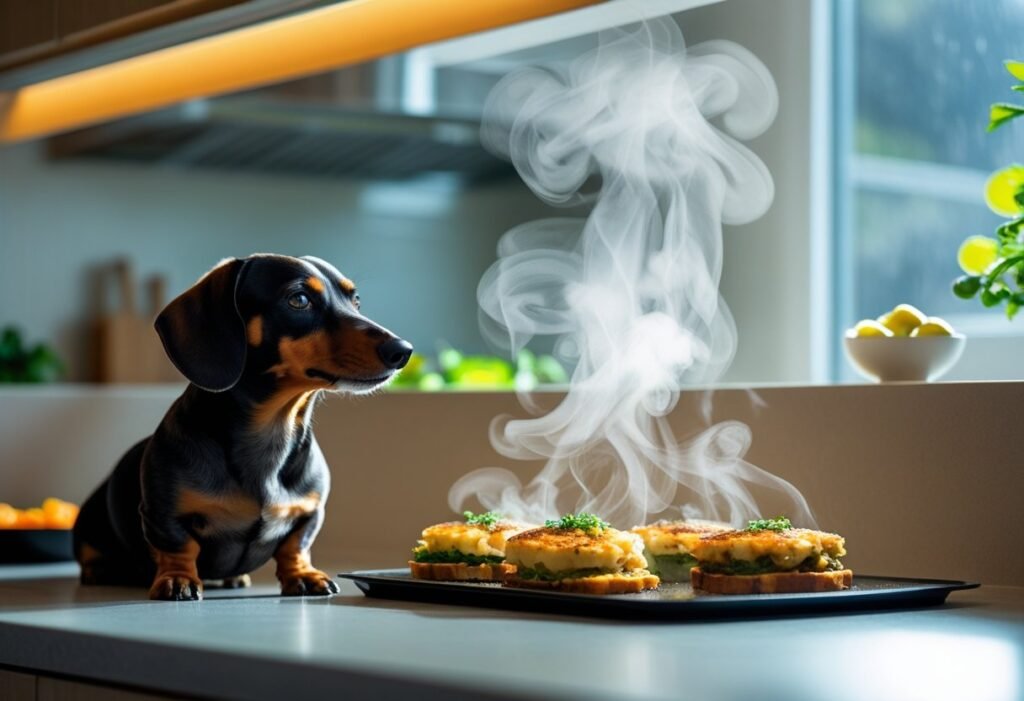 Dachshund near labeled small food containers filled with ChefPaw meals