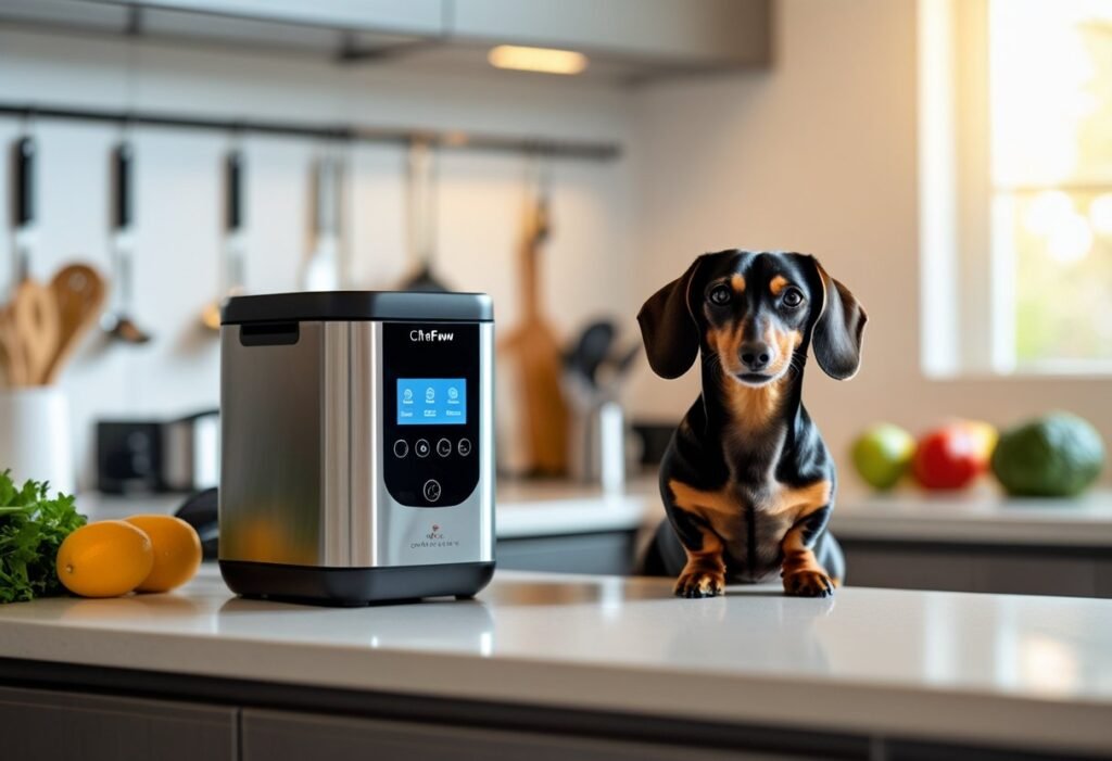 Dachshund watching while the ChefPaw pot is cleaned in a kitchen sink
