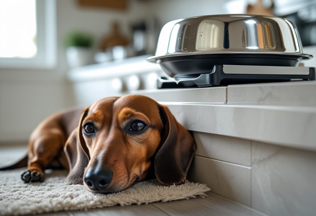 Dachshund resting after eating while the cleaned ChefPaw dries on the counter