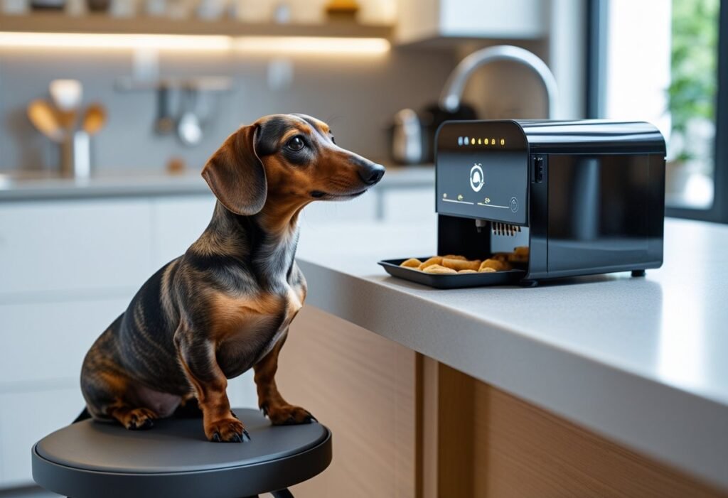 Dachshund sitting on a stool near a counter watching the ChefPaw machine run