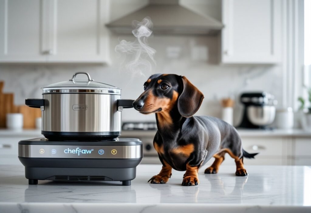 Dachshund standing on hind legs trying to look at ChefPaw while it cooks