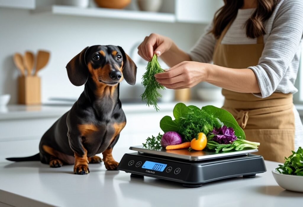 Dachshund sitting by ChefPaw as vegetables are weighed on its built-in scale
