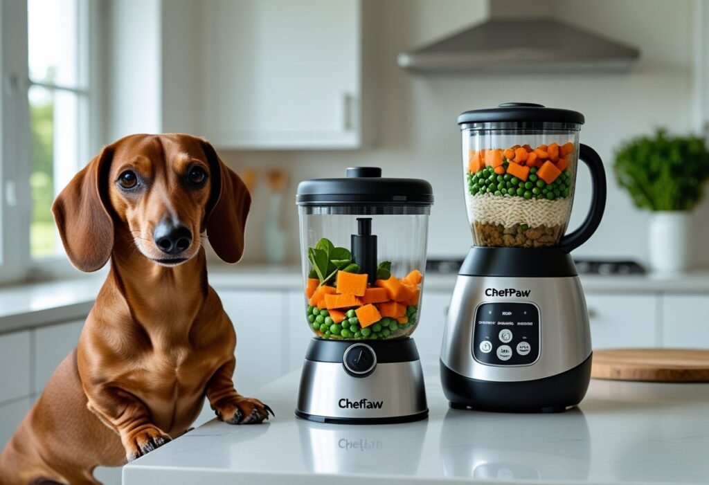 A Dachshund watching a ChefPaw food maker prepare fresh plant-based ingredients, illustrating the ChefPaw vs Store-Bought Dog Food comparison.