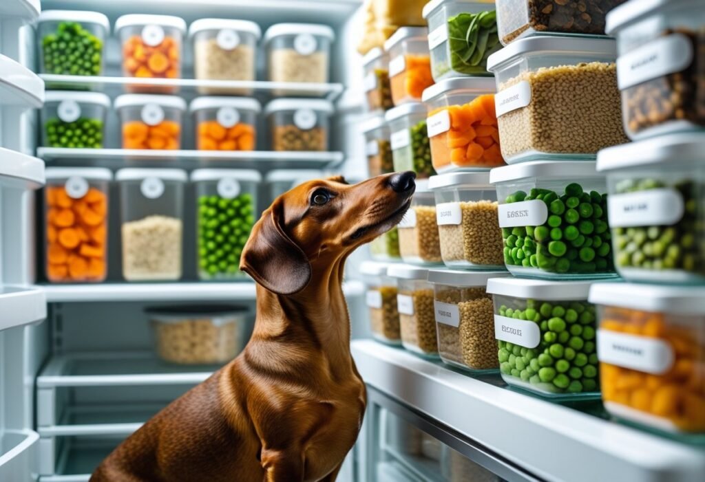 Labeled containers of homemade dog food being stored in a refrigerator while a Dachshund watches, representing meal prep in a ChefPaw vs Store-Bought Dog Food decision.