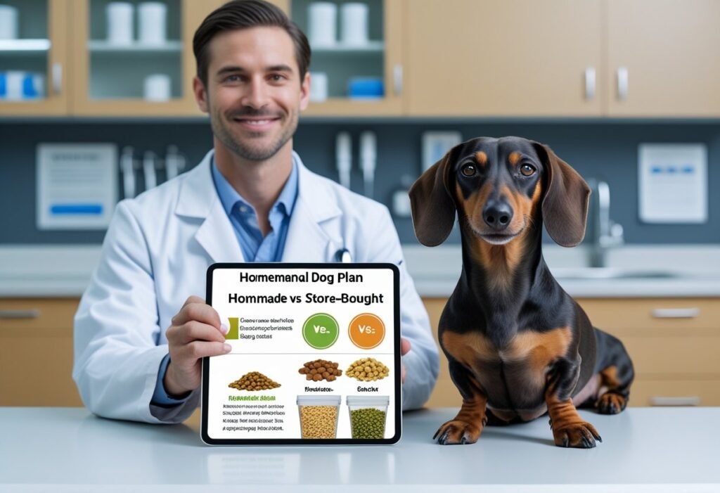 A Dachshund at a vet clinic while a veterinarian reviews a diet plan on a tablet comparing homemade and commercial dog food options.