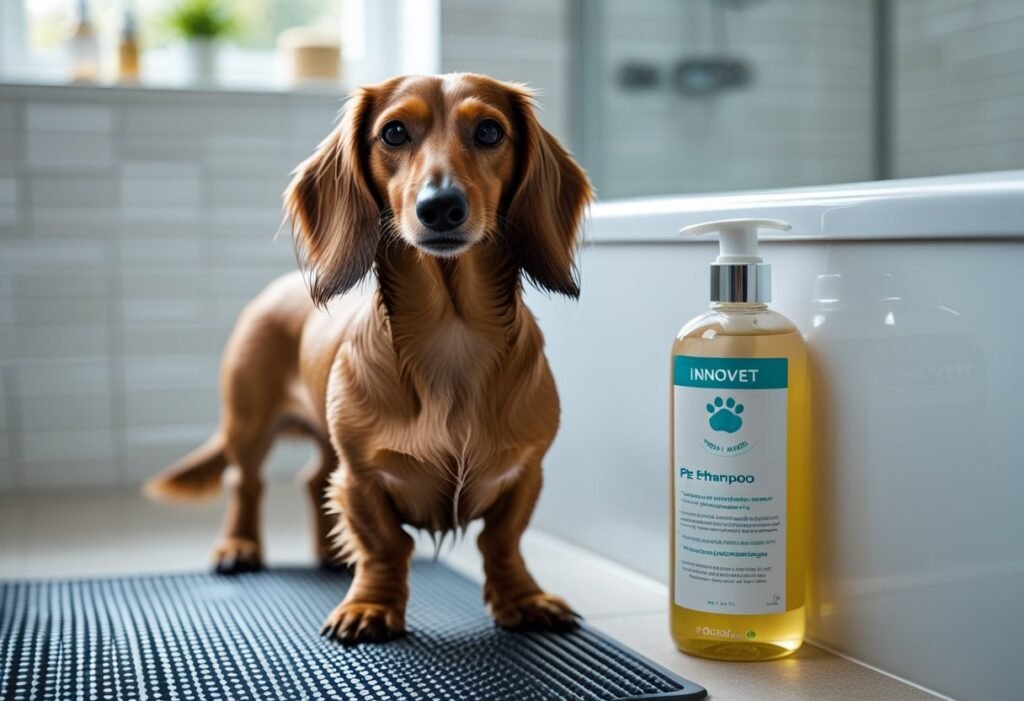 Long-haired Dachshund on non-slip mat next to tub with Innovet Pet Shampoo ready for bathing