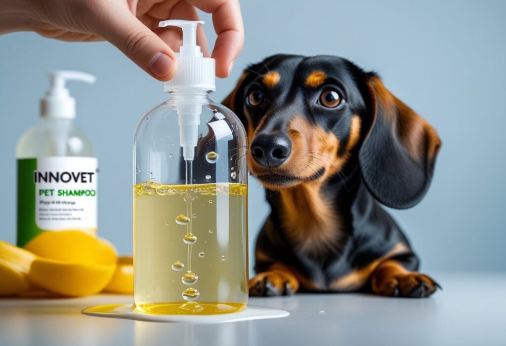 Dilution bottle being filled while a Dachshund watches and the Innovet shampoo stands behind