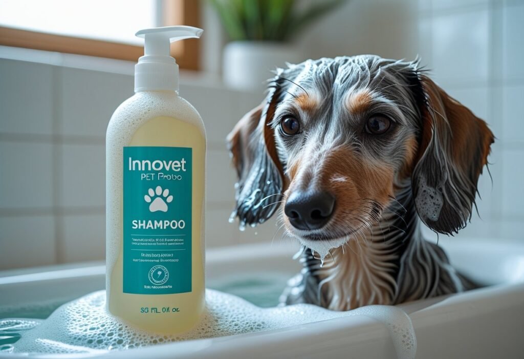 Wire-haired Dachshund mid-lather with Innovet Pet Shampoo bottle on the tub edge