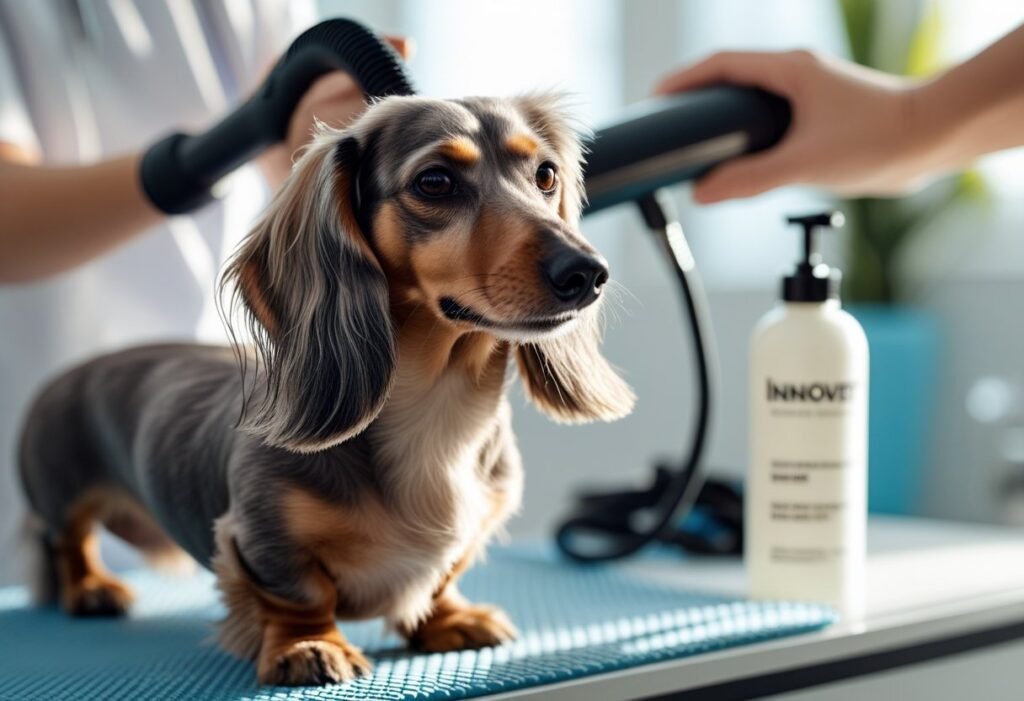 Long-haired Dachshund being blow-dried on low setting with Innovet bottle on counter
