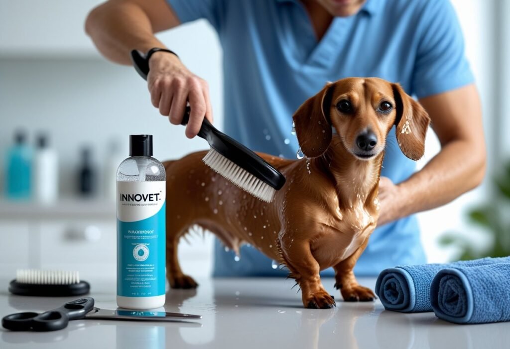 Brushing a Dachshund after bath with Innovet Pet Shampoo placed among grooming tools