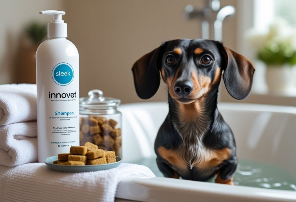 Innovet Pet Shampoo next to treat jar and towel while Dachshund waits in tub