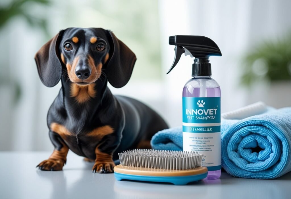 Grooming station with slicker brush, towel, and Innovet Pet Shampoo beside a Dachshund