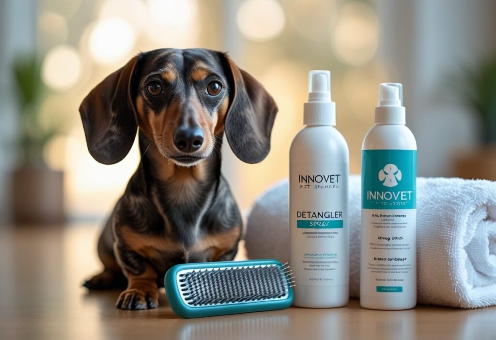 Post-bath Dachshund with glossy coat sitting on counter beside Innovet shampoo — Innovet Pet Shampoo Review for Dachshunds result