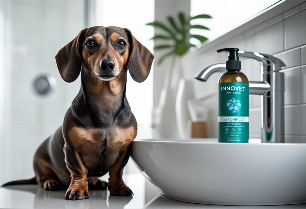 Post-bath Dachshund with glossy coat sitting on counter beside Innovet shampoo — Innovet Pet Shampoo Review for Dachshunds result