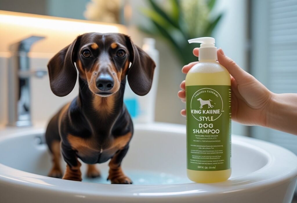 Dachshund in bathroom sink with a King Kanine–style shampoo bottle nearby during bath time