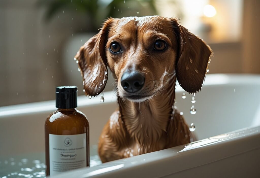 Wet Dachshund in bathtub with dog shampoo bottle placed on tub edge