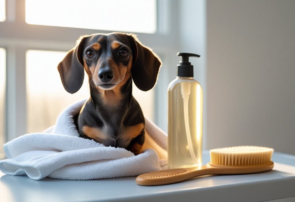 Dachshund wrapped in towel on grooming table beside King Kanine–style shampoo bottle