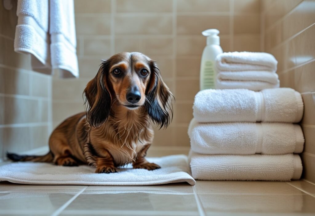 Long-haired Dachshund being towel dried with shampoo bottle placed next to grooming tools