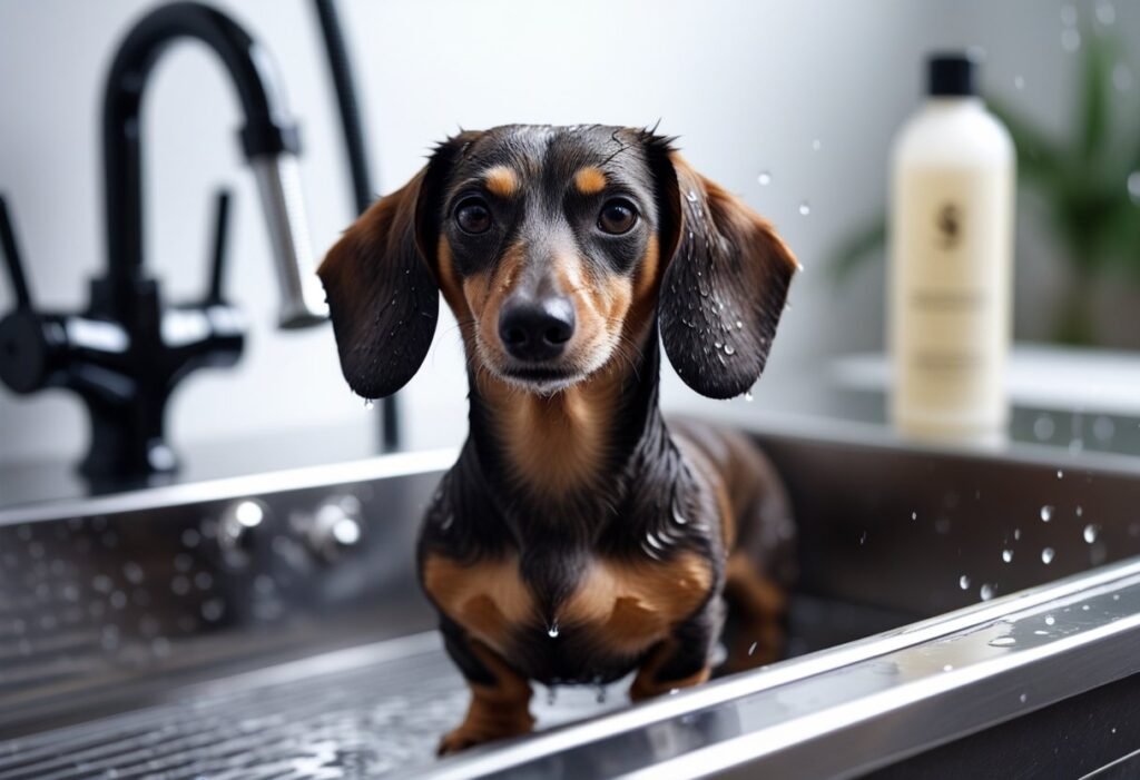 Dachshund in grooming sink with dog shampoo bottle placed on counter beside