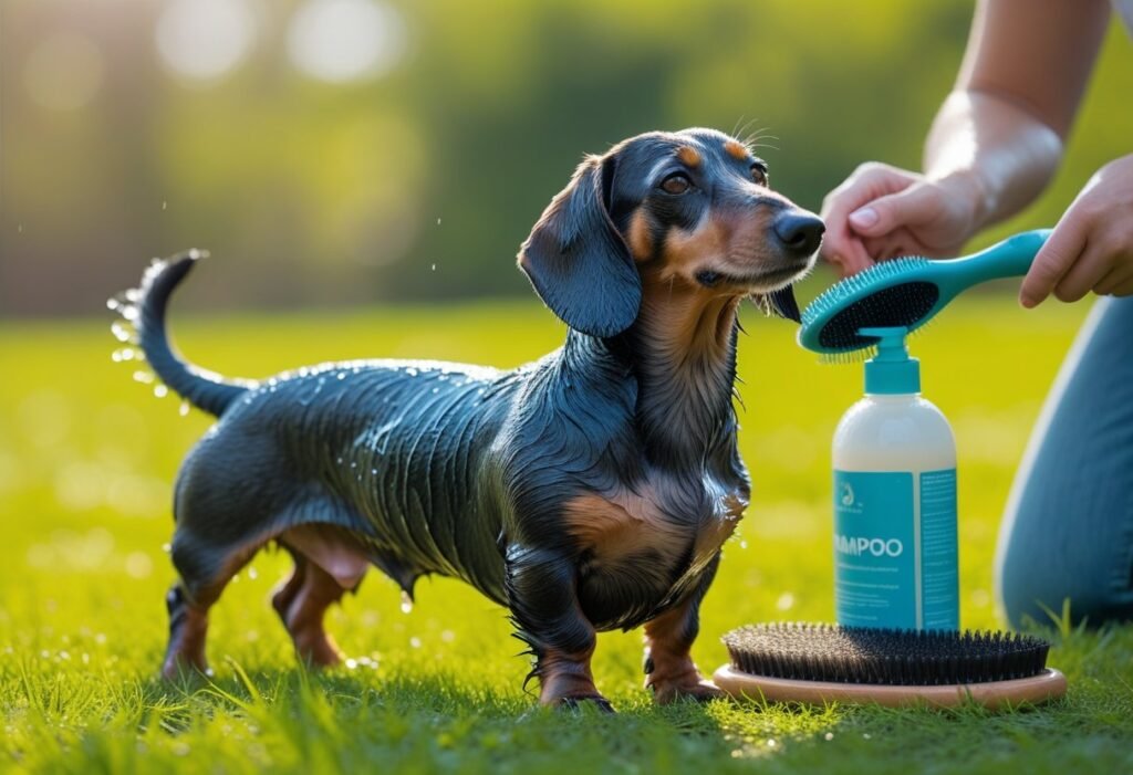 Owner applying shampoo along Dachshund’s spine with open bottle in frame
