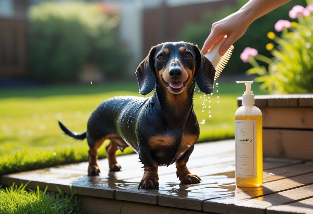 Dachshund on grass after bath with shampoo bottle beside owner’s hand holding brush