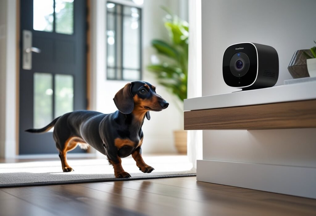 Dachshund pacing near front door while a Petcube Cam 360 monitors from a console table