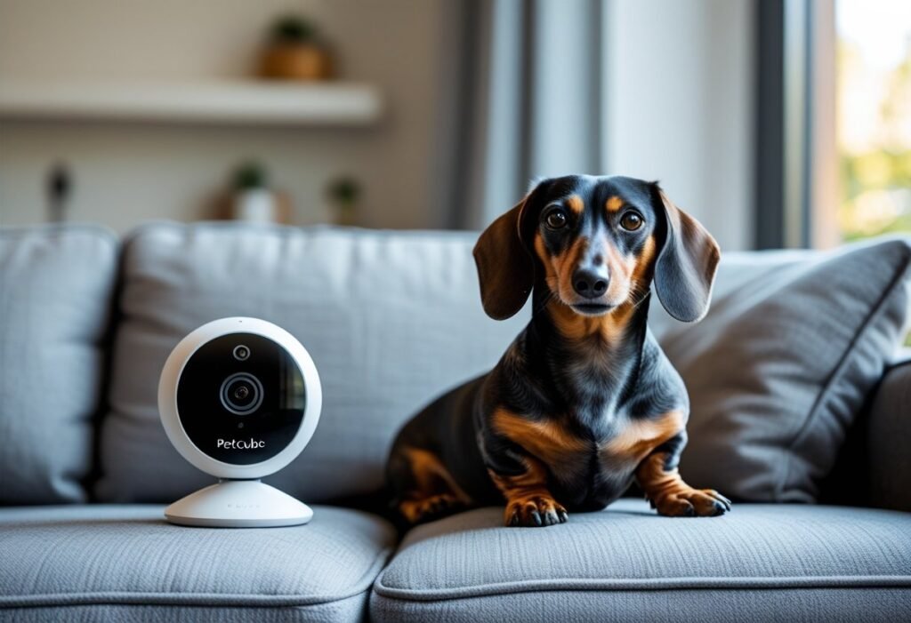 Dachshund sitting at a couch arm with a Petcube Cam 360 pointed at the sofa