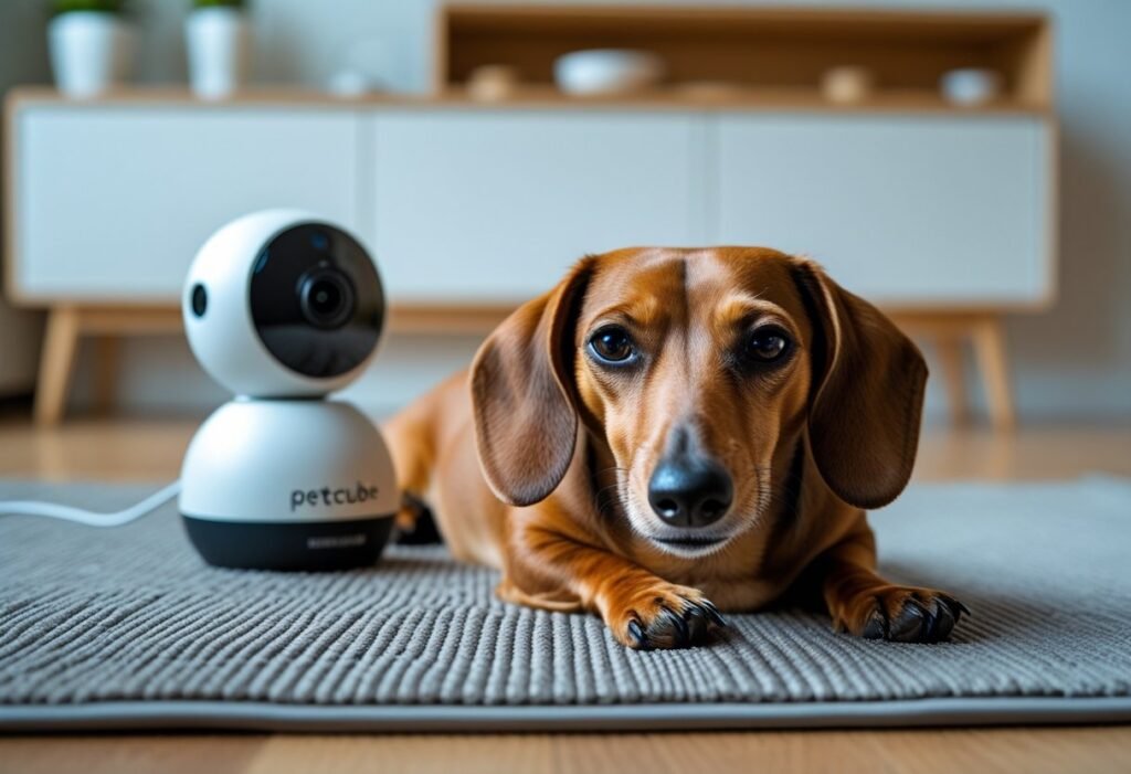 Dachshund resting calmly on a mat while Petcube Cam 360 observes from a higher shelf