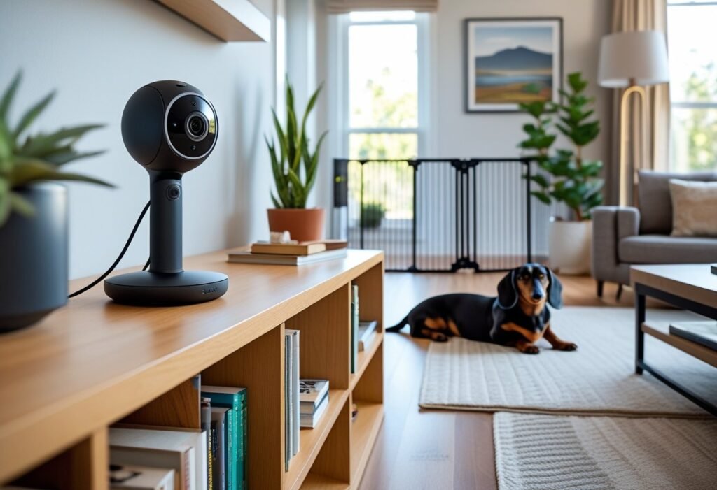 Dachshund looking toward a Petcube Cam 360 as the owner speaks through two-way audio