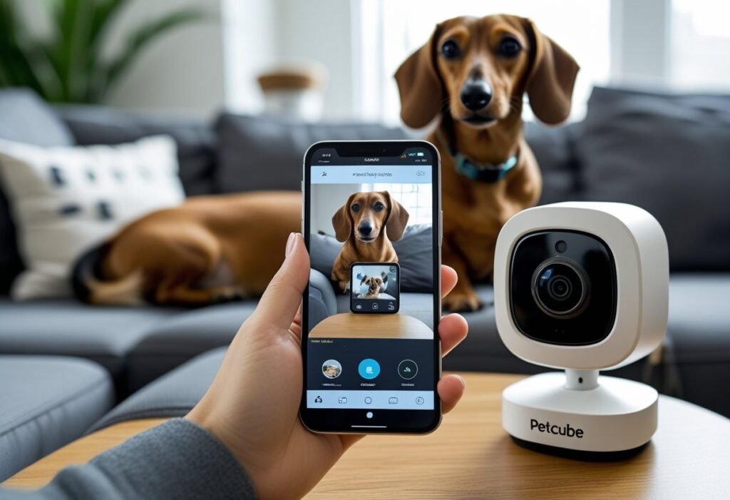 Owner holding phone with Petcube live feed while the Dachshund and Petcube Cam are visible in the room