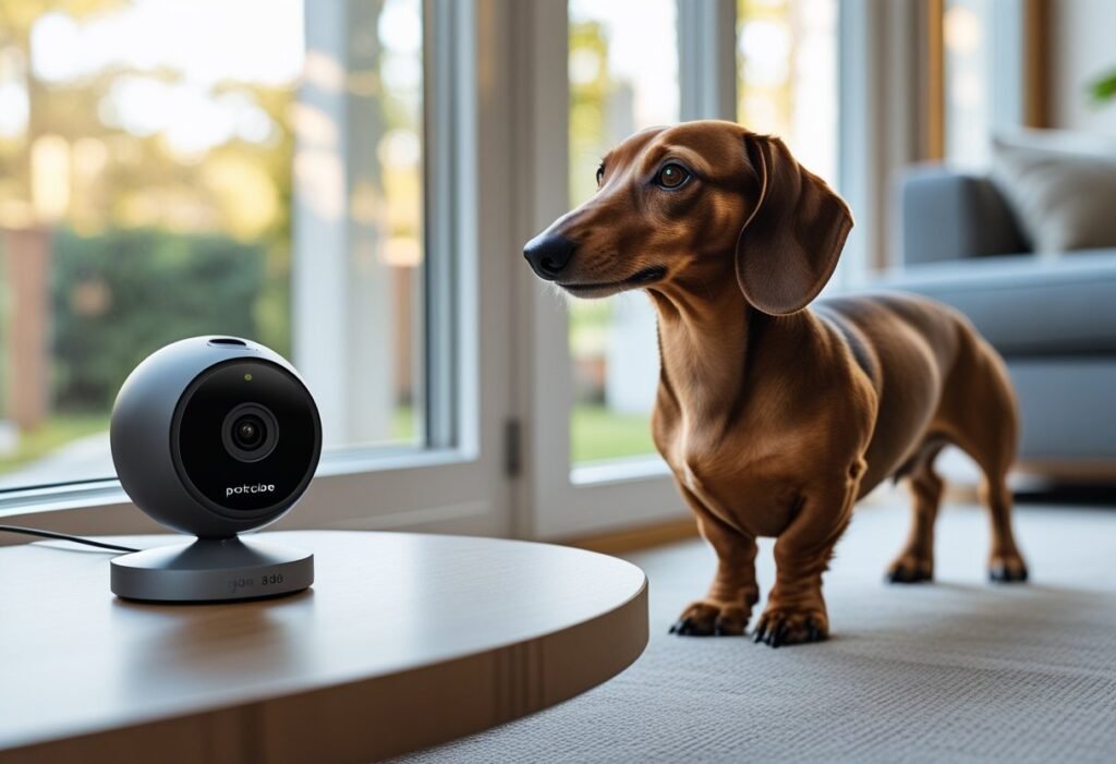 Dachshund circling near a window perch while a Petcube Cam 360 tracks the pacing route