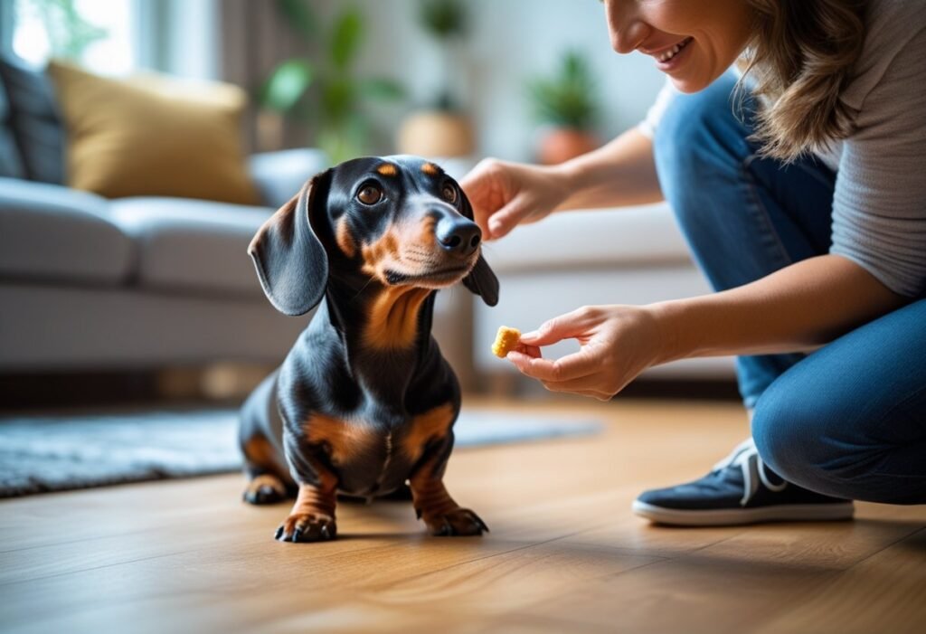 Owner rewarding a Dachshund after training with calm behavior on a floor
