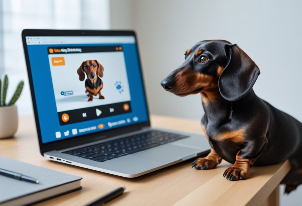 Dachshund watching an online brain training lesson on a laptop screen