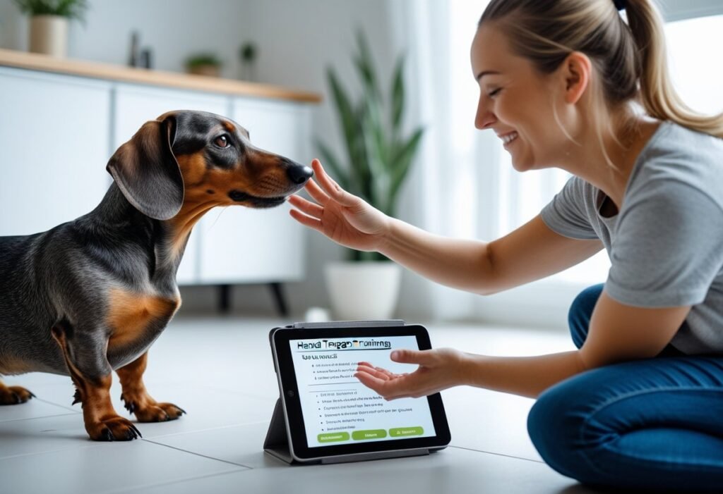 Dachshund touching an owner’s hand during a hand target exercise next to a tablet