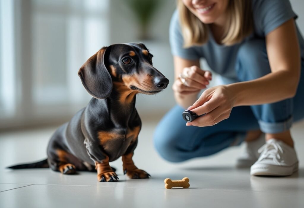 Dachshund doing a leave-it drill with a treat on the floor and clicker in owner’s hand