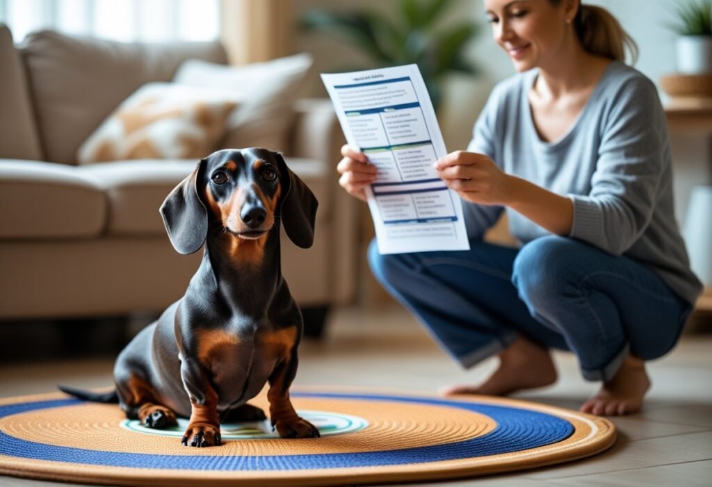 Dachshund settling quietly on a training mat while owner reads a course guide